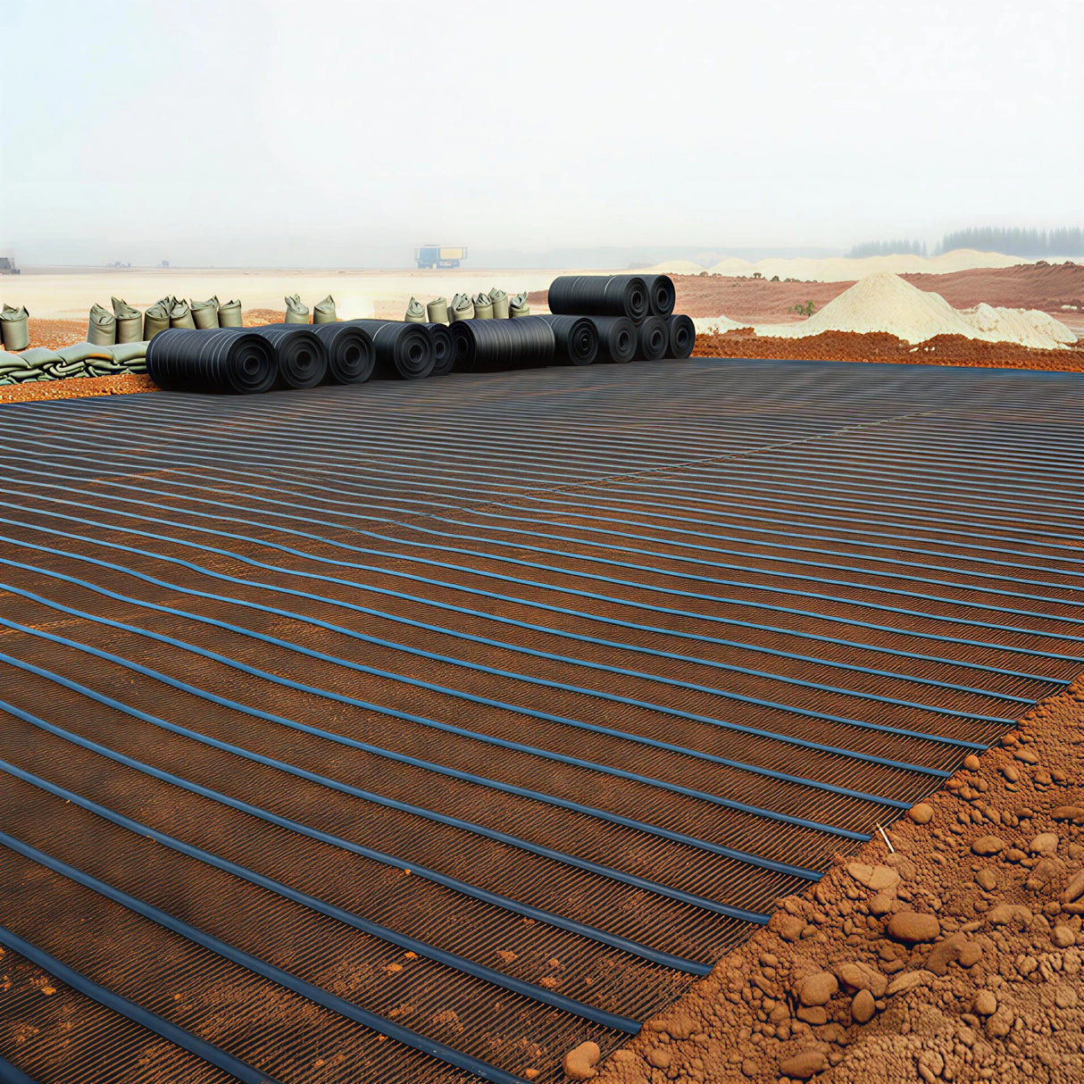 Rolls of black HDPE uniaxial geogrid on a construction site with a grid pattern.