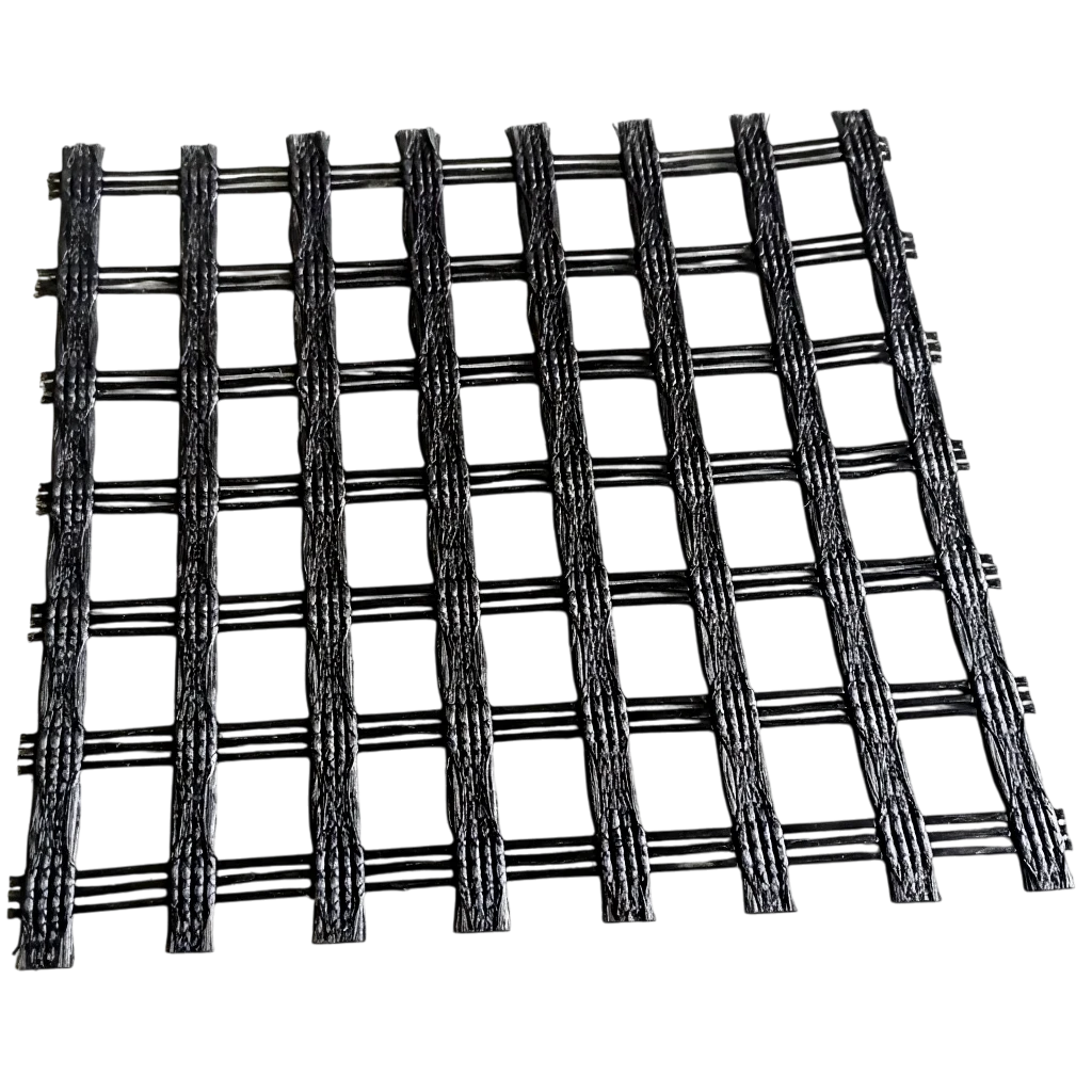 Black PET Uniaxial Geogrid on a white background