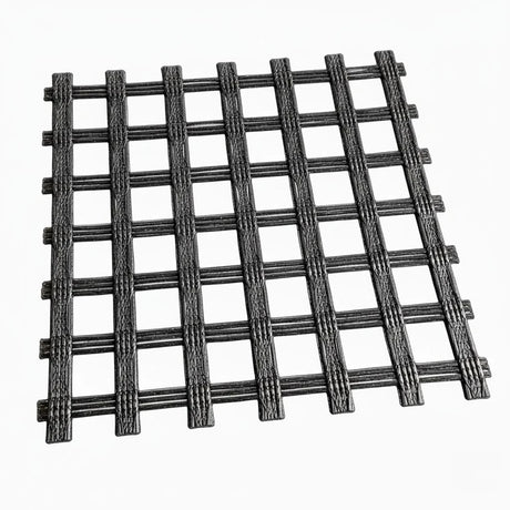 Black PET Uniaxial Geogrid on a white background