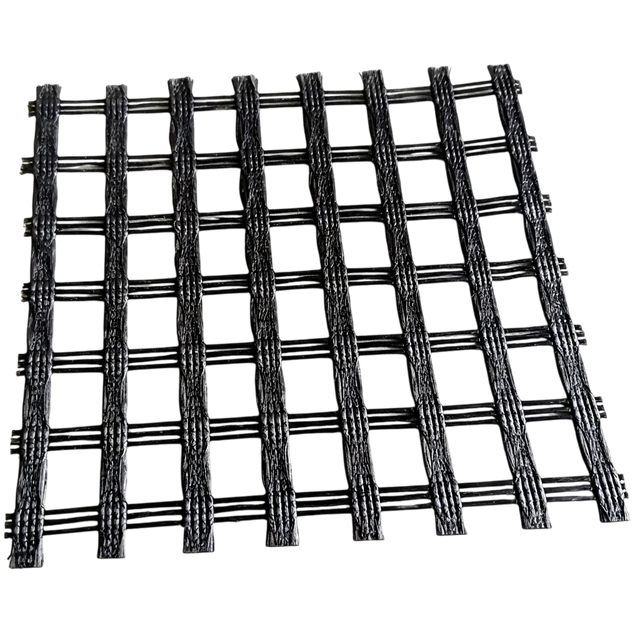 Black PET Uniaxial Geogrid on a white background