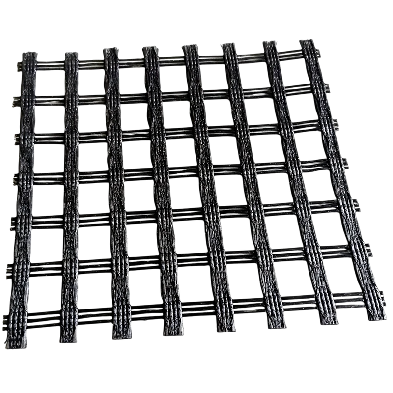 Black PET Uniaxial Geogrid on a white background