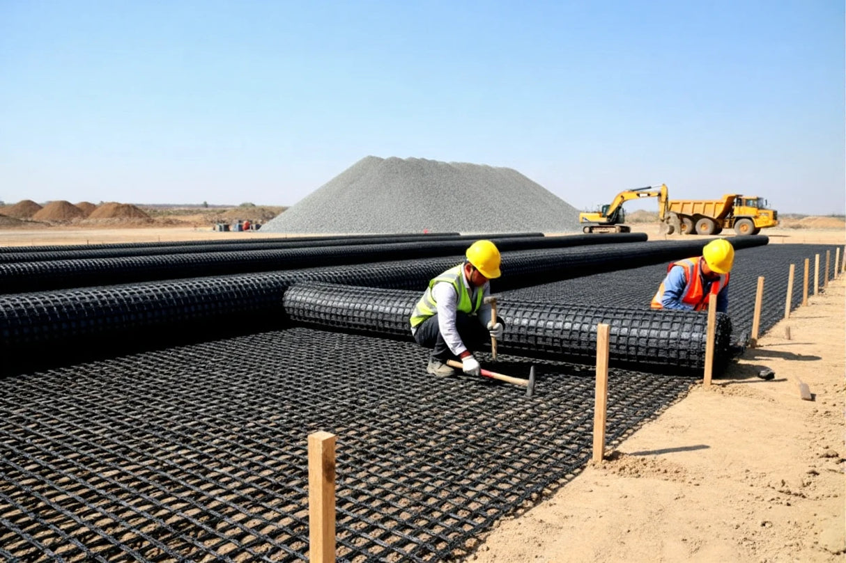 Two workers installing large PET Uniaxial Geogrid a construction site with a clear blue sky.
