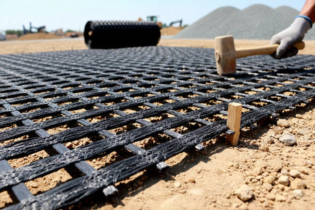 Person using a hammer to secure PET Uniaxial Geogrid on a construction site