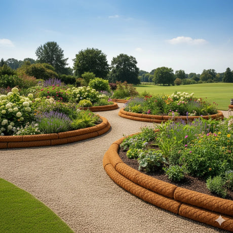 HEIGER coconut fibre garden edging defines beautiful flower beds in a lush garden landscape