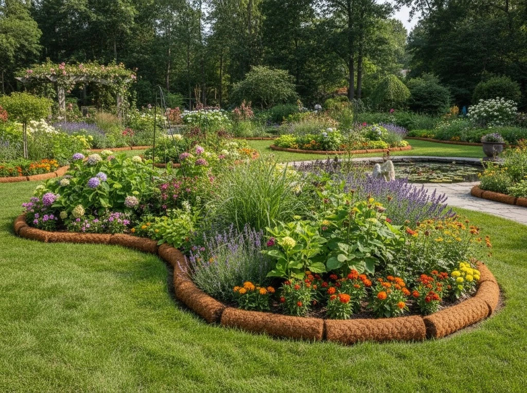 Beautiful garden featuring coconut fibre garden edging with vibrant flowers and lush greenery