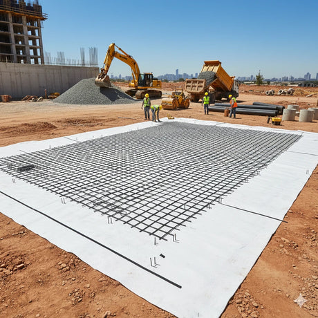 Construction site with composite biaxial geogrid with geotextile laid out for ground stabilization