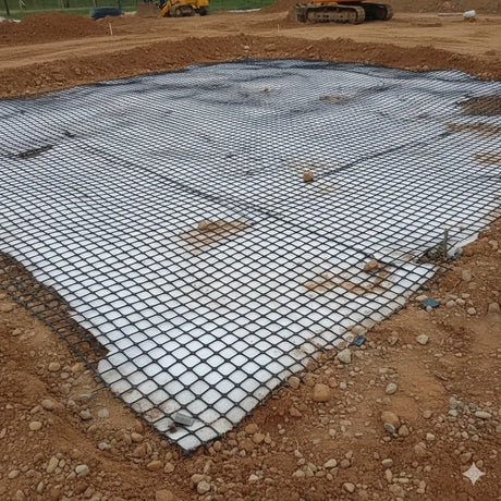 Composite biaxial geogrid with geotextile laid over a construction site for soil reinforcement