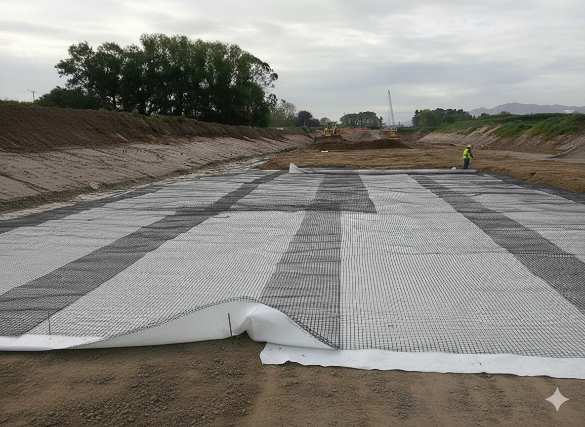 HEIGER composite biaxial geogrid with geotextile laid out on construction site for soil stabilization