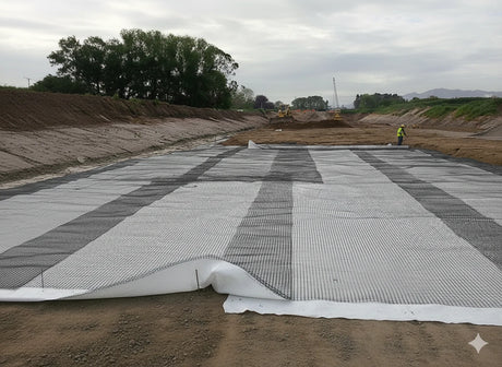 HEIGER composite biaxial geogrid with geotextile laid out on construction site for soil stabilization