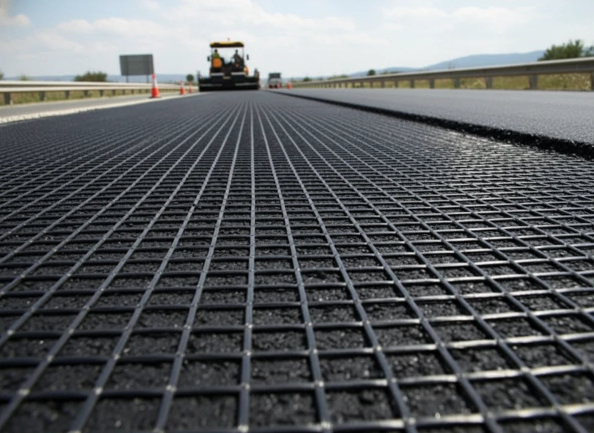 HEIGER fibreglass geogrid on road surface for enhanced stability and reinforcement in pavement applications