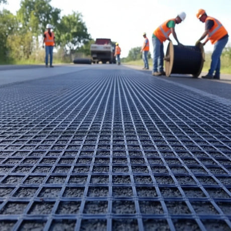 Workers installing HEIGER fibreglass geogrid on a road for improved ground stability
