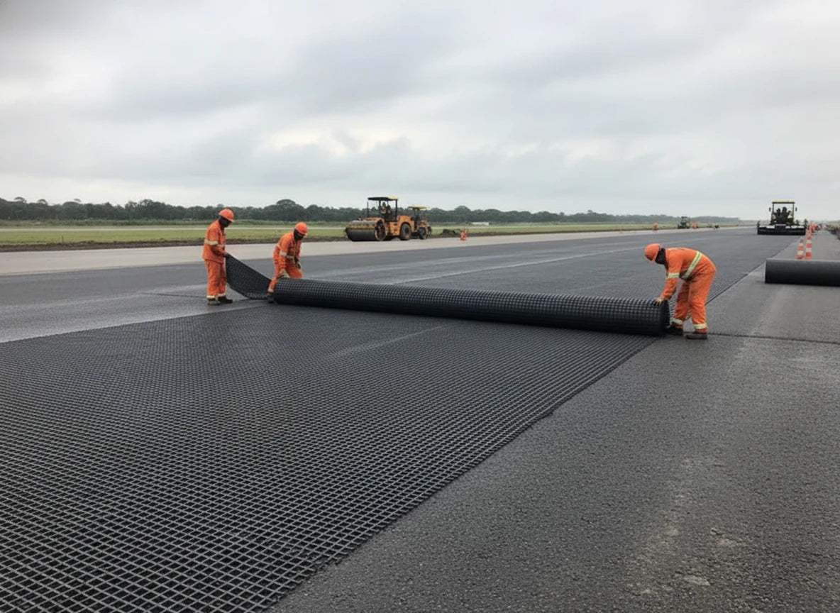 Workers installing HEIGER fibreglass geogrid on a runway for enhanced durability and stability
