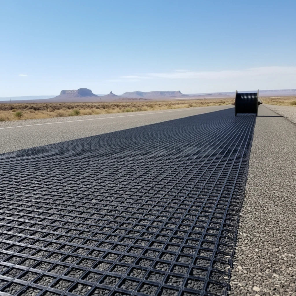 HEIGER fibreglass geogrid rolled out on a flat outdoor surface for ground stabilization