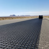 HEIGER fibreglass geogrid rolled out on a flat outdoor surface for ground stabilization