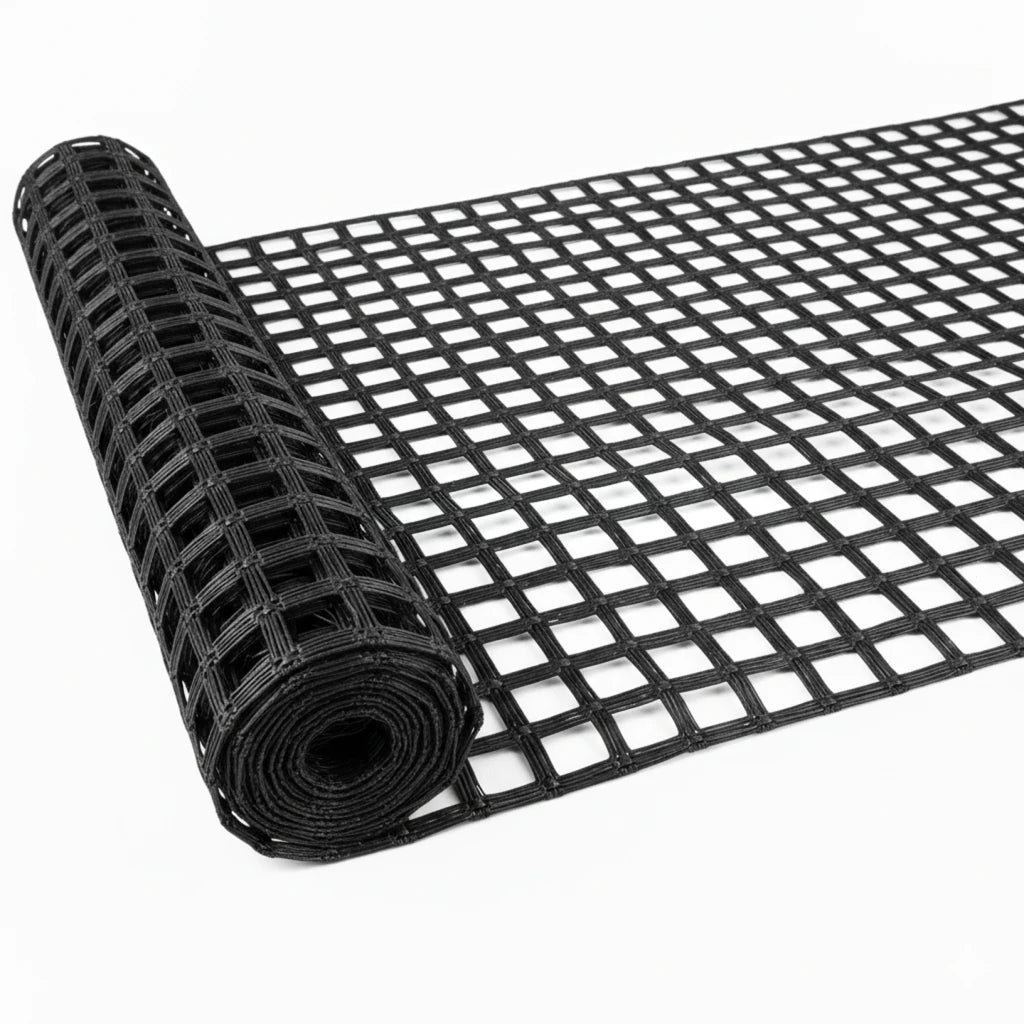 HEIGER fibreglass geogrid rolled out showing durable grid structure for construction projects