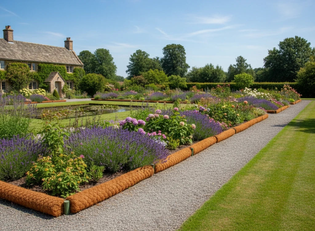 Beautiful garden with colorful flowers bordered by HEIGER Garden Edging for a neat and organized appearance
