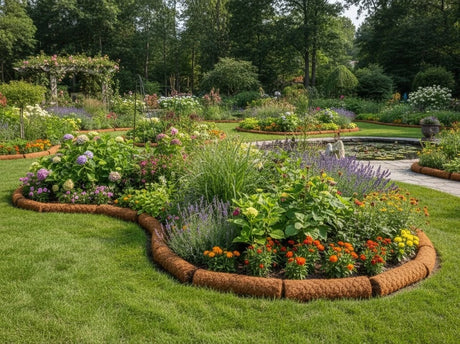 HEIGER Garden Edging creating a beautiful border around colorful flower beds in a lush garden