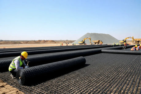 Workers installing PET biaxial geogrid on a construction site for improved ground stability