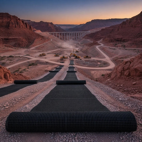 HEIGER PP biaxial geogrid laid out in a construction site with a mountain backdrop