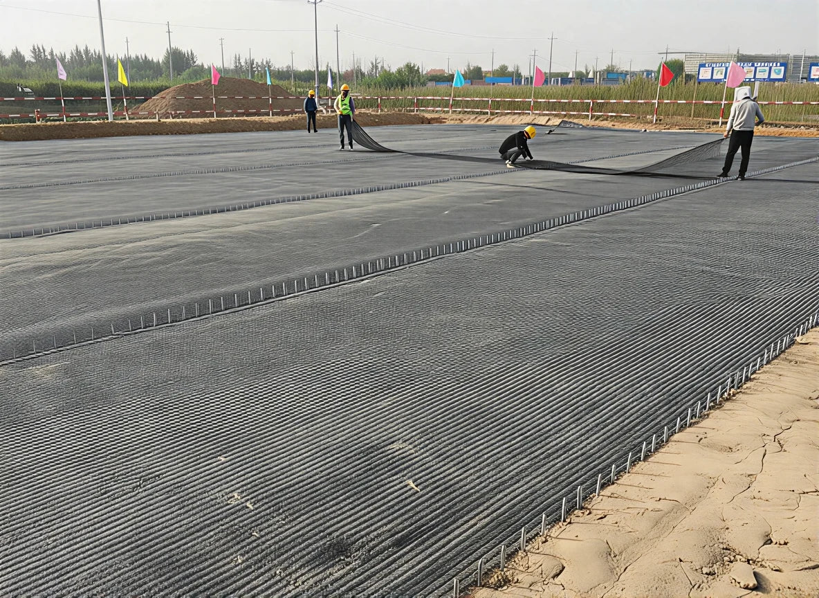 Construction site with workers installing PP uniaxial geogrid for ground stabilization and support